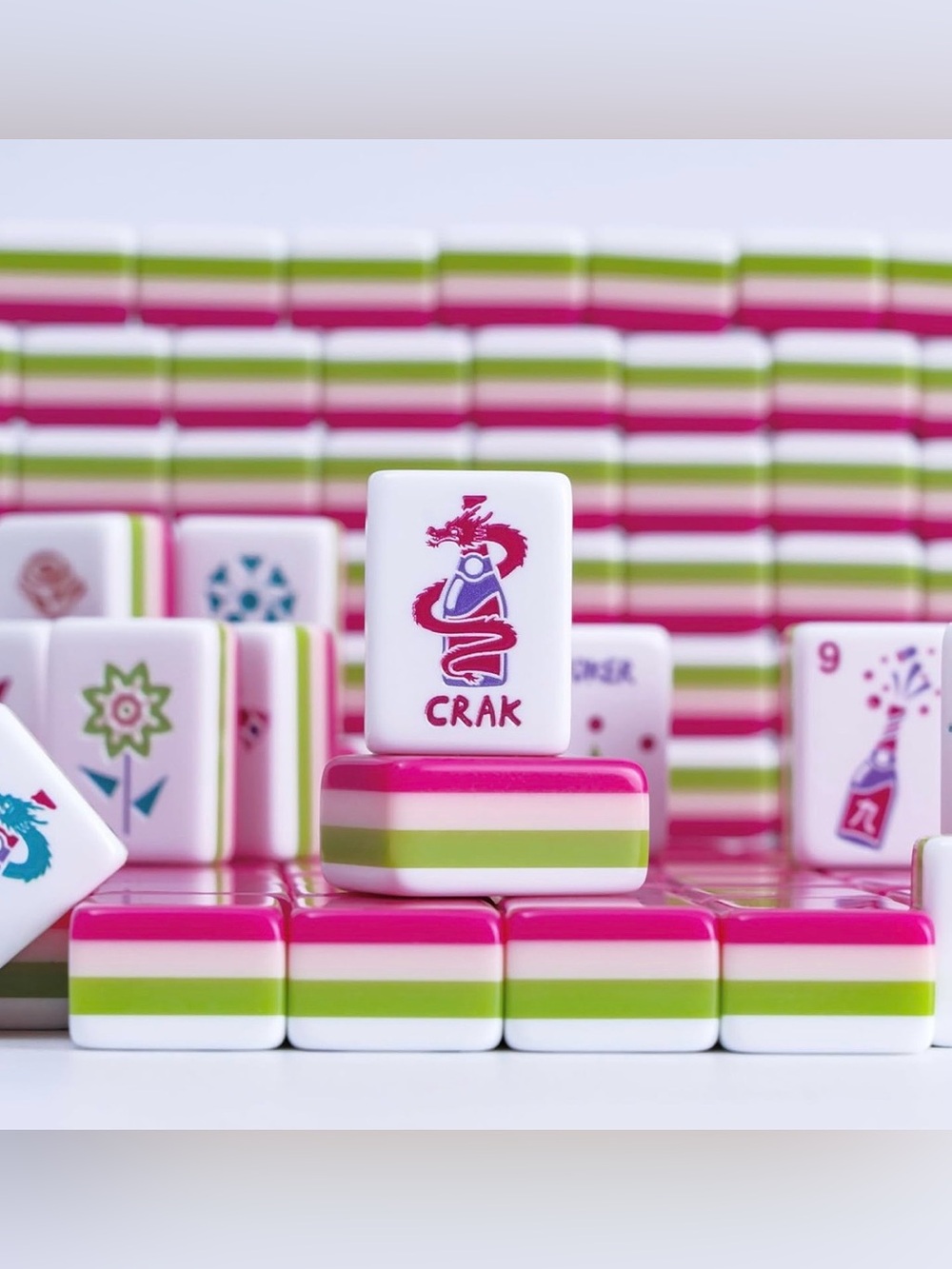 Premium Home Mahjong Set in White with Pink & Green Accents - Picture 3 of 13